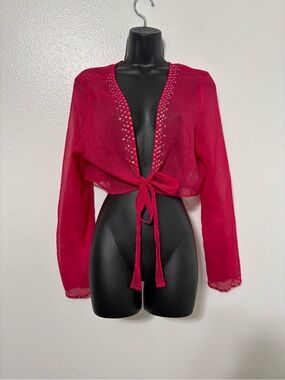 Vintage Metro 7 Size XL Hot Pink Mesh Sequin Bell Sleeve Tie Front Top Y2K